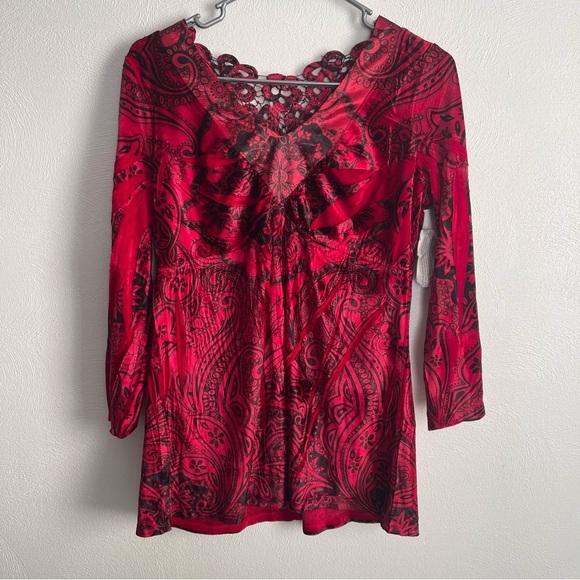 One World Womens 3/4 Sleeve Red Black size medium lace NWT - Picture 1 of 11